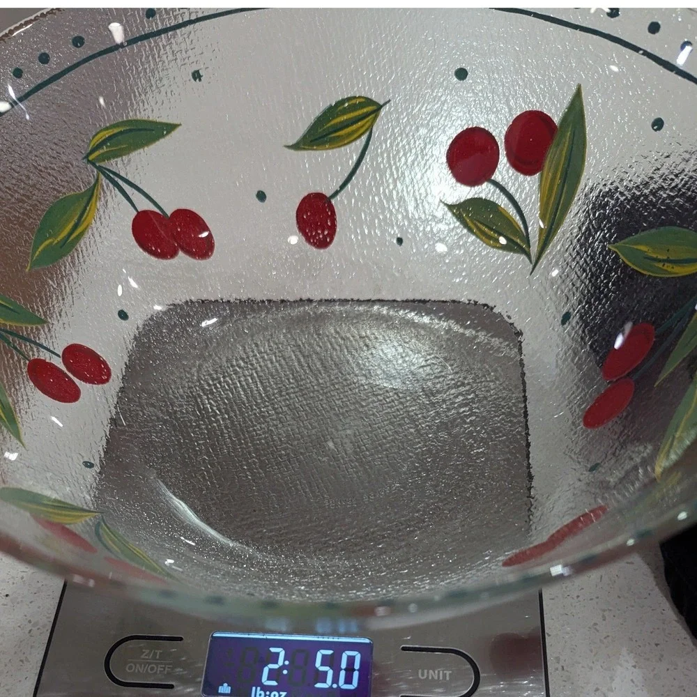 Arcoroc Serving Bowl Textured Glass‎ Hand Painted Cherry Motif 10.5